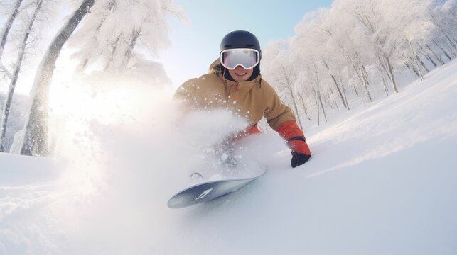 Riding Snowboard Through Powder