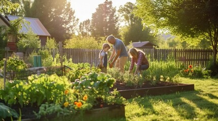 Family gardening in backyard vegetable garden - obrazy, fototapety, plakaty