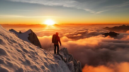Fototapeta na wymiar Mountaineer reaching the summit at sunset
