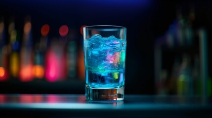 Cocktail blue lagoon, dans un verre avec glaçons sur un bar en zinc, ambiance lumineuse d'un club en arrière plan, illustration ia générative