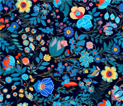 Cute colorful hand drawn vintage artistic flowers print. Modern cartoon style pattern. Fashionable template for design. Floral pattern with blue flowers in the folklore style