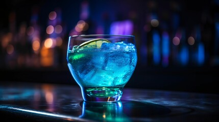 Cocktail blue lagoon, dans un verre avec glaçons sur un bar en zinc, ambiance lumineuse d'un club en arrière plan, illustration ia générative