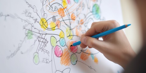 A close-up of a hand drawing a mind map, set against a creative, brainstorming background, concept of Visual thinking, created with Generative AI technology