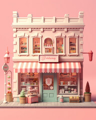 Retro candy sweets shop in pastel pink color. Generated AI.