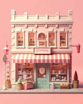 Retro candy sweets shop in pastel pink color. Generated AI.