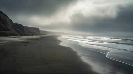 Moody beach with mist and cloudy sky