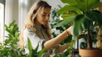 Fototapeta premium Young woman inspecting leaves on green houseplant
