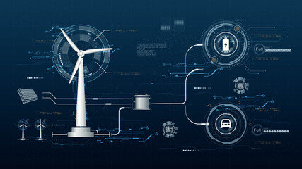 Wind turbine and solar power make alternative energy and eco power concept for use in industry with futuristic technology HUD abstract background © lersan