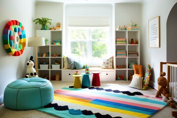 A bright and airy playroom with a large chalkboard and plenty of toys. Generative Ai.