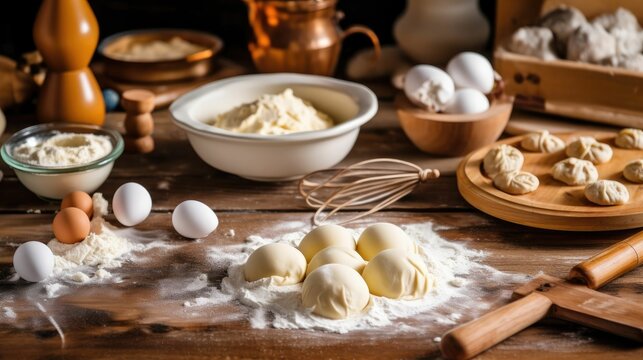 Ingredients for making dumplings: eggs, flour, and a rolling pin