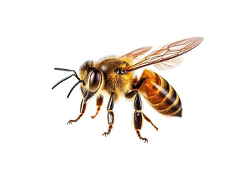 a stunning bee is flying, isolated on white background, macro, incredible pollinator, Generative AI