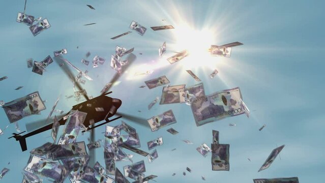 Kazakh Tenge banknotes helicopter money dropping. Kazakhstan KZT 10000 notes abstract 3d concept of inflation, money printing, finance, economy, crisis and quantitative easing.