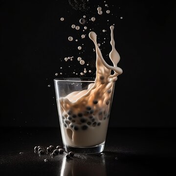 milk falling into a cup of bubble milk tea, the black tapioca pearl is 40% in the cup, realistic, professional photograph, no background, high resolution, detailed, photo taken by hasselblad + incredi
