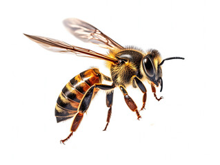 a stunning bee is flying, isolated on white background, macro, incredible pollinator, Generative AI