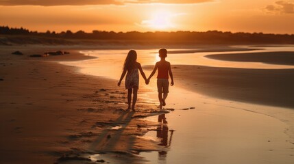 Boy and girl walking along the seashore at sunset