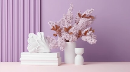 Decorative podiums and blooming branch on lilac background