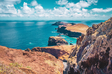 Panoramic view of São Lourenço, photographed from the viewpoint at the end of the hike. São Lourenço, Madeira Island, Portugal, Europe.