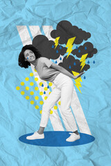 Vertical creative abstract illustration photo of unhappy stressed woman pull bad rainy weather isolated blue color paper background