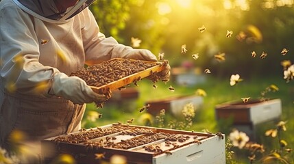 Honey farming and beekeeper with crate  - obrazy, fototapety, plakaty