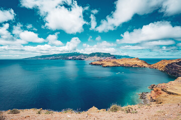 Panoramic view of the Madeiran Island, photographed from the viewpoint at the end of  São Lourenço the hike. São Lourenço, Madeira Island, Portugal, Europe.