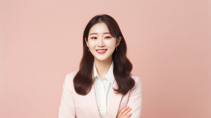 Fototapeta premium Young Asian beautiful and charming businesswoman smiling and standing on a isolated pink moder studio background, AI Generated.