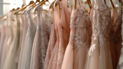 Display of many long evening dresses on hangers