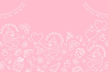 Birthday cake party unicorn invitation background banner doodle vector illustration seamless. Celebration with cake balloons hat snack garland decoration. Copy space. Freehand drawing. For kid party.