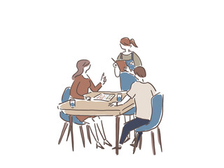 テーブルに座った男女と、オーダーを取る店員の女性、ウエイトレス（白背景）
