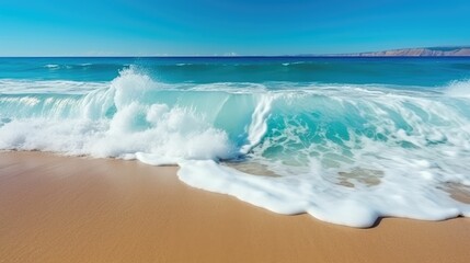 Beautiful blue wave with sea foam on sandy beach