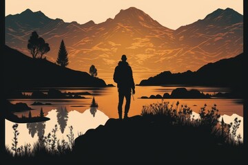 Back view of man standing on the rock at the river around the mountains at sunset, silhouette, generative AI