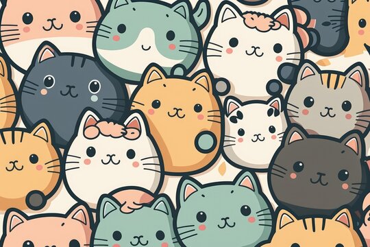 Pattern of cute cat, cartoon style, generative AI