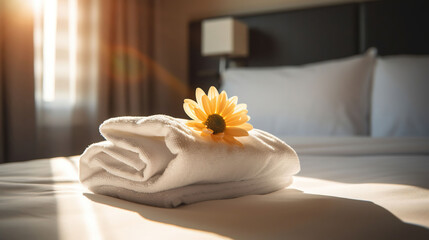 Obraz na płótnie Canvas Hotel room with freshly made bed, perfectly clean and ironed sheets, stack of new folded towels and single flower as decoration in natural sun light. Close up, copy space for text. Generative AI