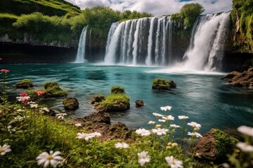 Fototapeta premium Magnificent Waterfall Cascading Down Towering Cliff - Generative AI