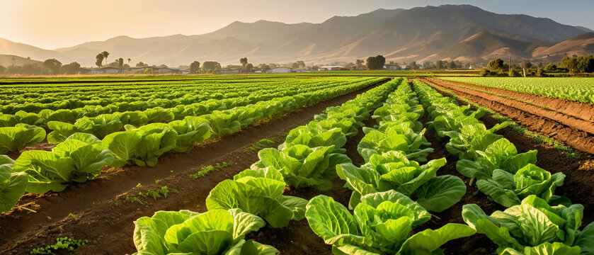 Field of organic lettuce growing in a sustainable farm with beautiful mountains in morning, Generative AI.
