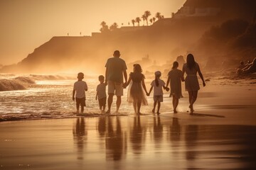 Fototapeta premium Back view of a happy family on sunset, parents and children, generative AI