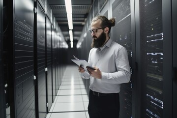 Fototapeta premium Portrait of man working with server cabinet in data center and write notes on paper generative AI