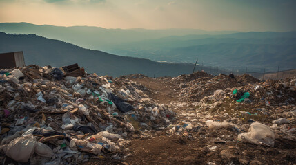 Pollution problem, mountain garbage in Municipal landfill for household waste, Generative AI