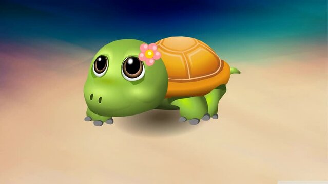 3d animation of cute baby turtle walking adorable , 2d animated background