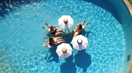 Aerial view of friends relaxing at a sunny summer poolside