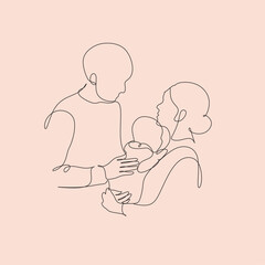 Abstract family continuous line art. Young mom hugging her baby child. Hand drawn illustration for Happy International Mother's Day card, loving family, parenthood childhood concept