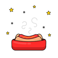 Hot Dog flat fastfood icon with decorative yellow stars on background. Cartoon style. Vector with editable colors and strokes.