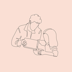 Abstract family continuous line art. Young mom hugging her baby child. Hand drawn illustration for Happy International Mother's Day card, loving family, parenthood childhood concept