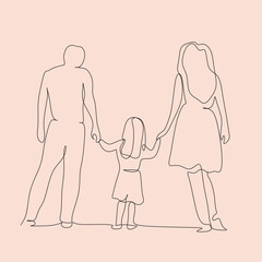 Abstract family continuous line art. Young mom hugging her baby child. Hand drawn illustration for Happy International Mother's Day card, loving family, parenthood childhood concept