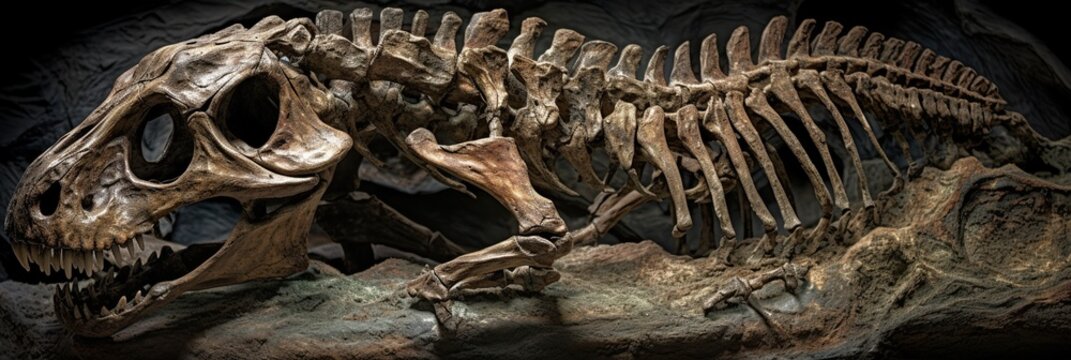 Striking image of a dinosaur fossil, with its intricate bone structure, colors and textures of its surrounding rock visible, concept of Prehistoric anatomy, created with Generative AI technology
