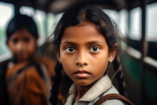 A Indian Young Girl With Braids Standing In Front Of A Bus Created With Generative AI Technology