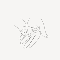 Obraz premium Continuous one line drawing. Woman hold her baby. Pregnant Woman. Holding baby hand. Family