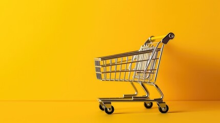 Shopping Concept Background with Shopping Cart on Yellow