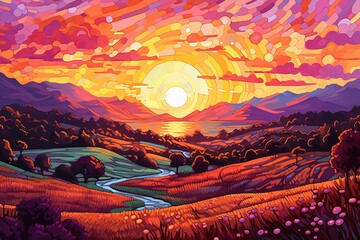 Enchanting Sunset Over Vast Golden Landscape - Generative AI