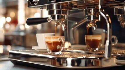 Fresh Espresso coffee brewing through the bottomless portafilter