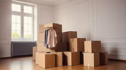 Bunch of blank unsigned moving boxes in new empty apartment. Spacious unfurnished room with unpacked cardboard box stack. Interior background, Generative AI